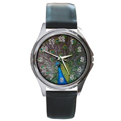 Peacock Feather Beat Rad Blue Round Metal Watch by Amaryn4rt