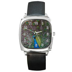 Peacock Feather Beat Rad Blue Square Metal Watch by Amaryn4rt