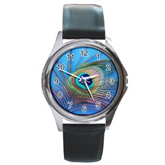 Peacock Feather Blue Green Bright Round Metal Watch