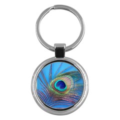 Peacock Feather Blue Green Bright Key Chains (round)  by Amaryn4rt