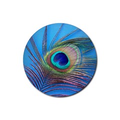 Peacock Feather Blue Green Bright Rubber Round Coaster (4 pack) 