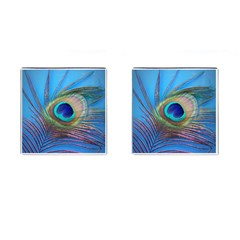 Peacock Feather Blue Green Bright Cufflinks (Square)