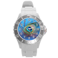 Peacock Feather Blue Green Bright Round Plastic Sport Watch (L)