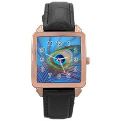 Peacock Feather Blue Green Bright Rose Gold Leather Watch 