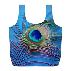 Peacock Feather Blue Green Bright Full Print Recycle Bags (L) 