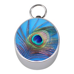 Peacock Feather Blue Green Bright Mini Silver Compasses