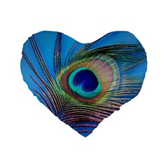 Peacock Feather Blue Green Bright Standard 16  Premium Flano Heart Shape Cushions