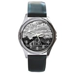 Farm house in black and white ! Round Metal Watch Front