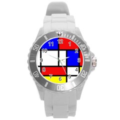 Mondrian Red Blue Yellow Round Plastic Sport Watch (l) by Amaryn4rt