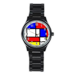 Mondrian Red Blue Yellow Stainless Steel Round Watch by Amaryn4rt