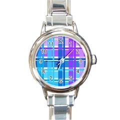 Gingham Pattern Blue Purple Shades Round Italian Charm Watch by Amaryn4rt