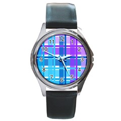 Gingham Pattern Blue Purple Shades Round Metal Watch by Amaryn4rt