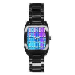 Gingham Pattern Blue Purple Shades Stainless Steel Barrel Watch by Amaryn4rt