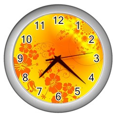 Flowers Floral Design Flora Yellow Wall Clocks (silver)  by Amaryn4rt