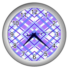 Geometric Plaid Pale Purple Blue Wall Clocks (silver)  by Amaryn4rt