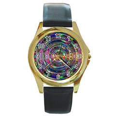 Wave Line Colorful Brush Particles Round Gold Metal Watch