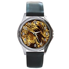 Stripes Tiger Pattern Safari Animal Print Round Metal Watch by Amaryn4rt