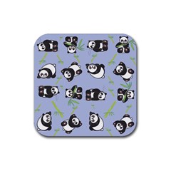 Panda Tile Cute Pattern Blue Rubber Coaster (square)  by Amaryn4rt