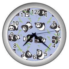 Panda Tile Cute Pattern Blue Wall Clocks (silver)  by Amaryn4rt