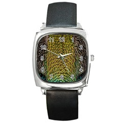 Colorful Iridescent Feather Bird Color Peacock Square Metal Watch by Amaryn4rt