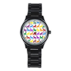 Colorful Horse Background Wallpaper Stainless Steel Round Watch by Amaryn4rt