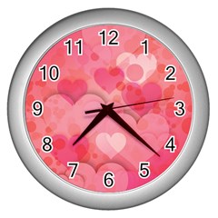 Hearts Pink Background Wall Clocks (silver)  by Amaryn4rt