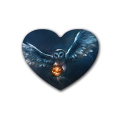 Owl And Fire Ball Rubber Coaster (heart)  by Amaryn4rt