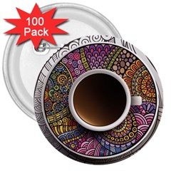 Ethnic Pattern Ornaments And Coffee Cups Vector 3  Buttons (100 Pack)  by Amaryn4rt