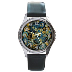 Retro Ethnic Background Pattern Vector Round Metal Watch by Amaryn4rt