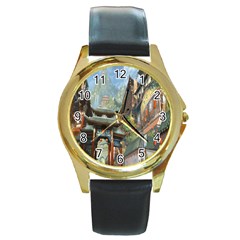 Japanese Art Painting Fantasy Round Gold Metal Watch