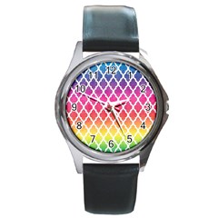 Colorful Rainbow Moroccan Pattern Round Metal Watch by Amaryn4rt