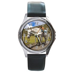 White Horse Tied Up At Cotopaxi National Park Ecuador Round Metal Watch by dflcprints