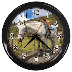 White Horse Tied Up At Cotopaxi National Park Ecuador Wall Clocks (black) by dflcprints