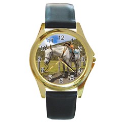 White Horse Tied Up At Cotopaxi National Park Ecuador Round Gold Metal Watch by dflcprints