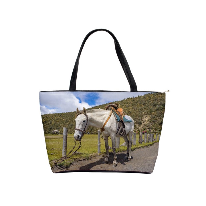 White Horse Tied Up at Cotopaxi National Park Ecuador Shoulder Handbags