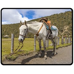 White Horse Tied Up At Cotopaxi National Park Ecuador Double Sided Fleece Blanket (medium)  by dflcprints