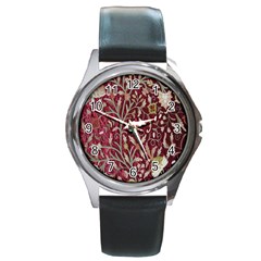 Crewel Fabric Tree Of Life Maroon Round Metal Watch by Amaryn4rt