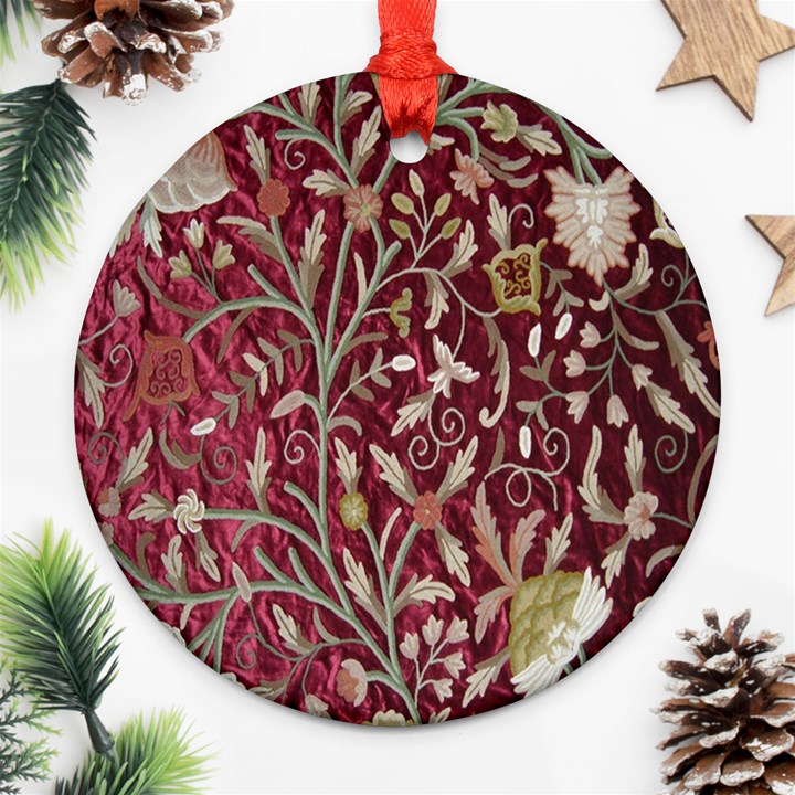 Crewel Fabric Tree Of Life Maroon Ornament (Round)