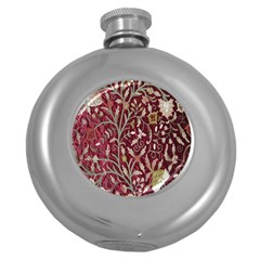 Crewel Fabric Tree Of Life Maroon Round Hip Flask (5 Oz) by Amaryn4rt