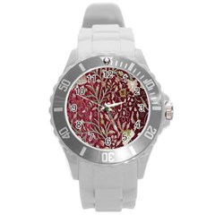 Crewel Fabric Tree Of Life Maroon Round Plastic Sport Watch (l) by Amaryn4rt