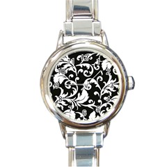 Vector Classical Traditional Black And White Floral Patterns Round Italian Charm Watch by Amaryn4rt