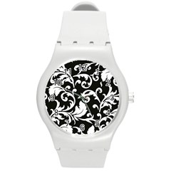 Vector Classical Traditional Black And White Floral Patterns Round Plastic Sport Watch (m) by Amaryn4rt