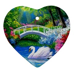 Swan Bird Spring Flowers Trees Lake Pond Landscape Original Aceo Painting Art Ornament (heart) by Amaryn4rt