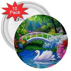 Swan Bird Spring Flowers Trees Lake Pond Landscape Original Aceo Painting Art 3  Buttons (10 Pack)  by Amaryn4rt