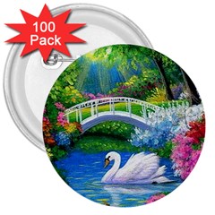 Swan Bird Spring Flowers Trees Lake Pond Landscape Original Aceo Painting Art 3  Buttons (100 Pack)  by Amaryn4rt