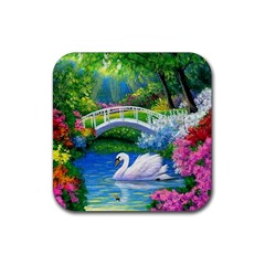 Swan Bird Spring Flowers Trees Lake Pond Landscape Original Aceo Painting Art Rubber Coaster (square)  by Amaryn4rt