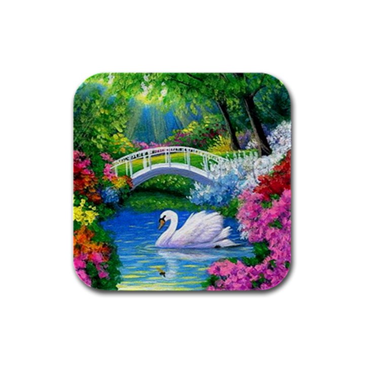 Swan Bird Spring Flowers Trees Lake Pond Landscape Original Aceo Painting Art Rubber Square Coaster (4 pack) 