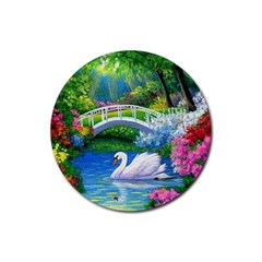 Swan Bird Spring Flowers Trees Lake Pond Landscape Original Aceo Painting Art Rubber Round Coaster (4 Pack)  by Amaryn4rt