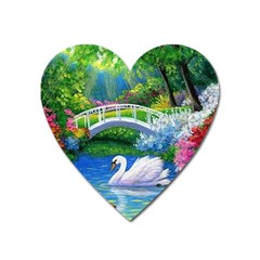 Swan Bird Spring Flowers Trees Lake Pond Landscape Original Aceo Painting Art Heart Magnet by Amaryn4rt