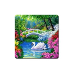 Swan Bird Spring Flowers Trees Lake Pond Landscape Original Aceo Painting Art Square Magnet by Amaryn4rt